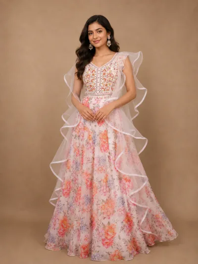White Floral Design Organza Lehenga
